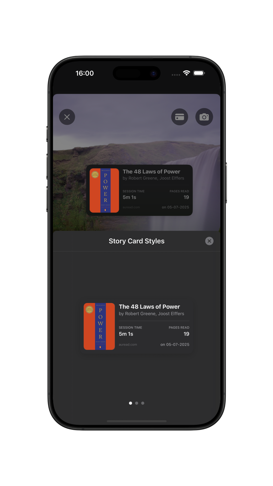 App screenshot showing shareable story card feature